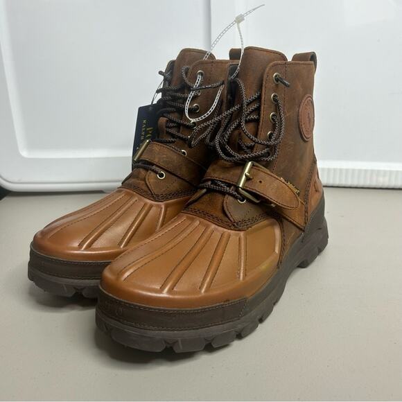 Ralph Lauren Polo Genuine Leather Boots Men 11.5 Brown Hiking Lace Up Buckle NWT - Picture 3 of 6